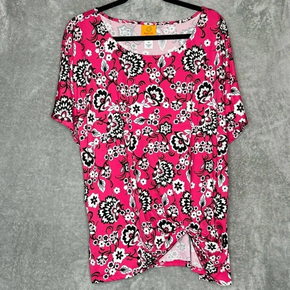 Ruby Rd 2X Short Top Pink Floral Flower Short Sleeve‎ Scoop Neck  Twist Front - Picture 1 of 7